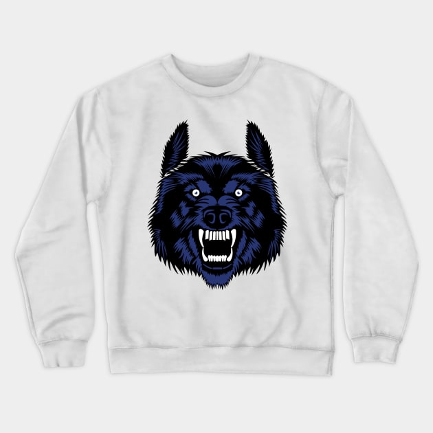 Wolf Face In Blue & Black Color - Fluffy Hairs Looking Scary Crewneck Sweatshirt by mangobanana